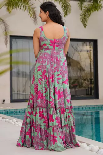Mint green color rayon beautiful floral digital printed ceremonial gown