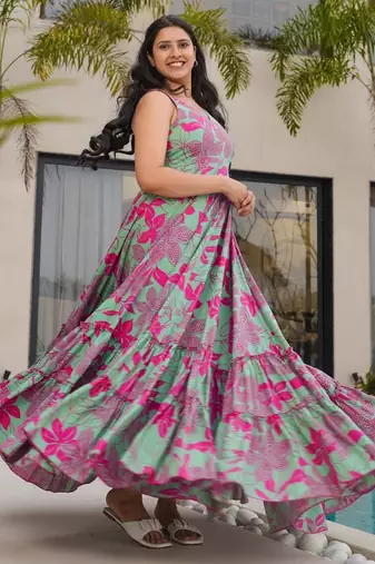 Mint green color rayon beautiful floral digital printed ceremonial gown