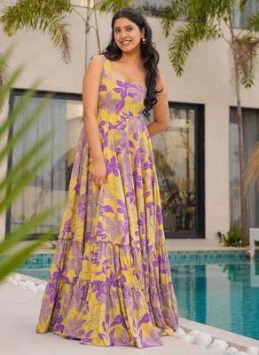 Yellow color rayon beautiful floral digital printed ceremonial gown 1
