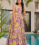 Yellow color rayon fabric beautiful floral digital printed ceremonial gown