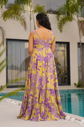 Yellow color rayon beautiful floral digital printed ceremonial gown
