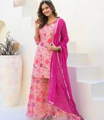 Pink color beautiful floral printed palazzo suit with hand embroidery work