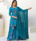 Blue color beautiful floral printed palazzo suit with hand embroidery work