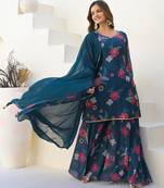 Blue color beautiful floral printed palazzo suit with hand embroidery work