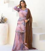 Pink color beautiful floral printed palazzo suit with hand embroidery work