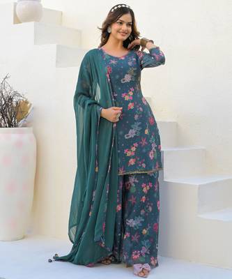 Green color beautiful floral printed palazzo suit with hand embroidery work 1