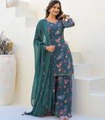 Green color beautiful floral printed palazzo suit with hand embroidery work