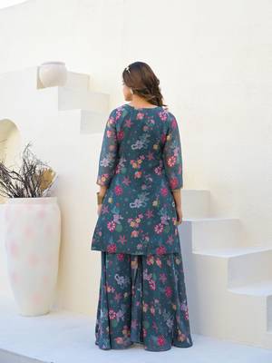 Green color beautiful floral printed palazzo suit with hand embroidery work 2