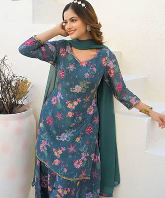 Green color beautiful floral printed palazzo suit with hand embroidery work 3