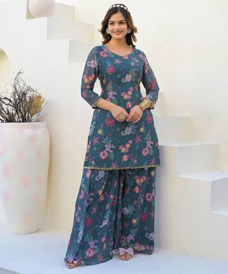 Green color beautiful floral printed palazzo suit with hand embroidery work 4