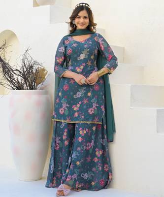 Green color beautiful floral printed palazzo suit with hand embroidery work 5