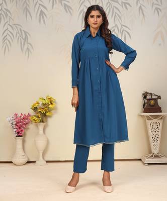 Teal blue color solid printed beautiful formal kurta set 1