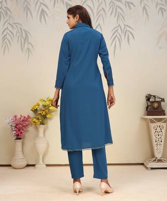 Teal blue color solid printed beautiful formal kurta set 3