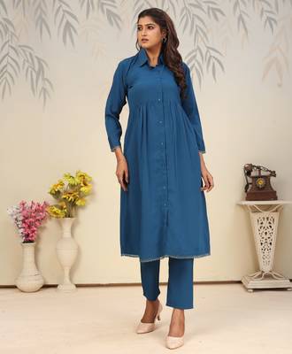 Teal blue color solid printed beautiful formal kurta set 5
