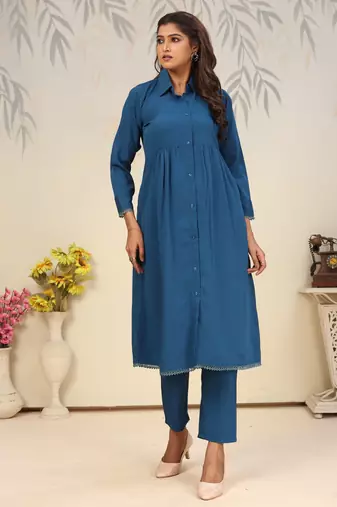 Teal blue color solid printed beautiful formal kurta set