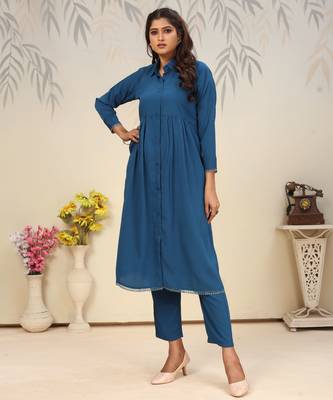 Teal blue color solid printed beautiful formal kurta set 6