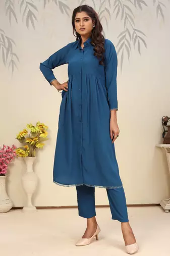 Teal blue color solid printed beautiful formal kurta set