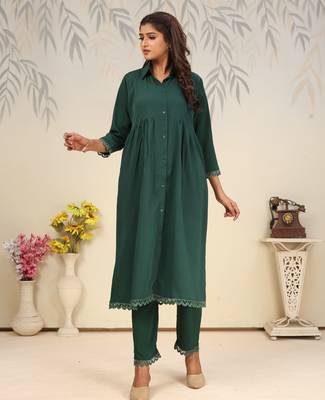Green color solid printed beautiful formal kurta set 1