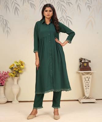 Green color solid printed beautiful formal kurta set 5