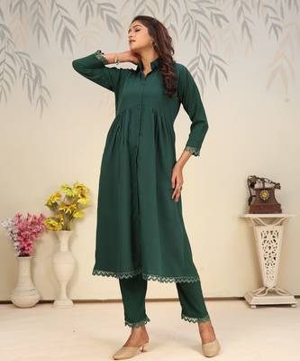Green color solid printed beautiful formal kurta set 6