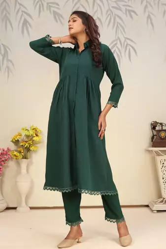 Green color solid printed beautiful formal kurta set