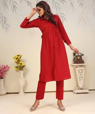 Maroon color solid printed beautiful formal kurta set 5