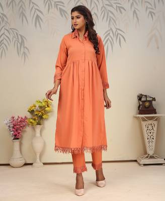 Orange color solid printed beautiful formal kurta set 1