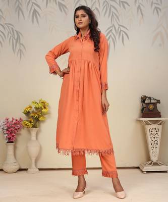 Orange color solid printed beautiful formal kurta set 5