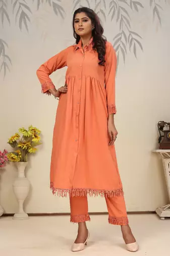 Orange color solid printed beautiful formal kurta set