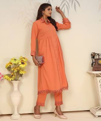 Orange color solid printed beautiful formal kurta set 6