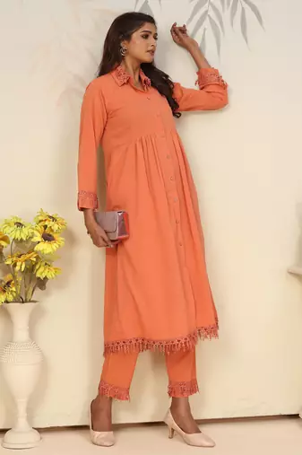 Orange color solid printed beautiful formal kurta set