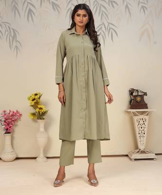 Pista color solid printed beautiful formal kurta set 1