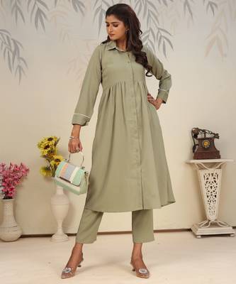 Pista color solid printed beautiful formal kurta set 5