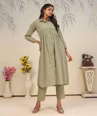Pista color solid printed beautiful formal kurta set 6