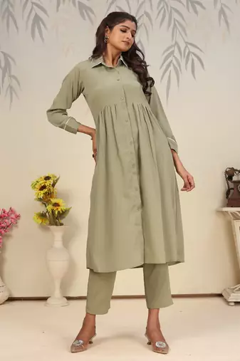 Pista color solid printed beautiful formal kurta set