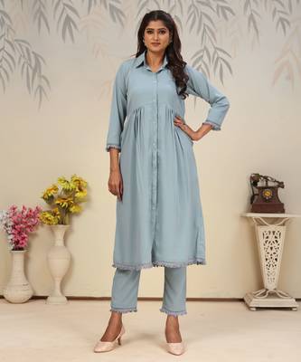 Sky blue color solid printed beautiful formal kurta set 1