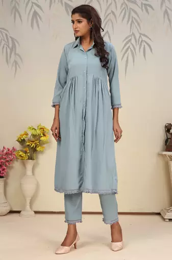 Sky blue color solid printed beautiful formal kurta set