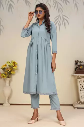 Sky blue color solid printed beautiful formal kurta set