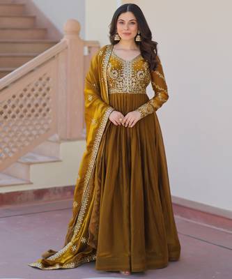 Mahendi color fendy chiffon elegant embroidered gown with dupatta 1
