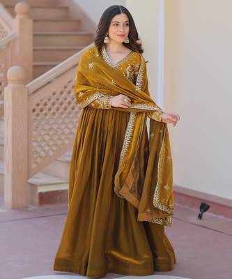 Mahendi color fendy chiffon elegant embroidered gown with dupatta 3