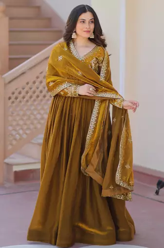 Mahendi color fendy chiffon elegant embroidered gown with dupatta