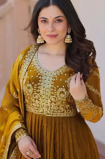 Mahendi color fendy chiffon elegant embroidered gown with dupatta