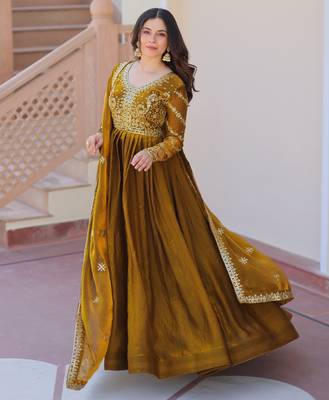 Mahendi color fendy chiffon elegant embroidered gown with dupatta 5