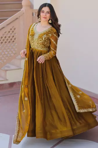 Mahendi color fendy chiffon elegant embroidered gown with dupatta