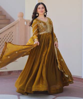 Mahendi color fendy chiffon elegant embroidered gown with dupatta 6