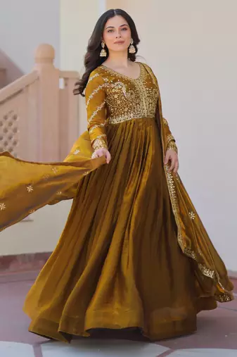 Mahendi color fendy chiffon elegant embroidered gown with dupatta