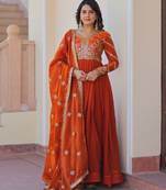 Orange color fendy chiffon fabric elegant embroidered gown with dupatta