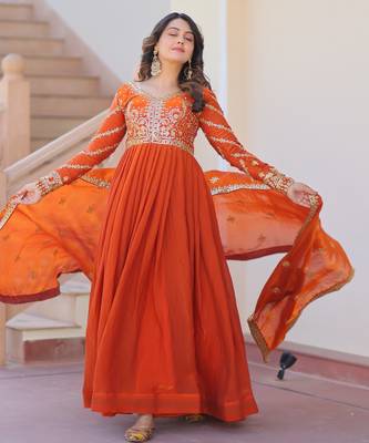Orange color fendy chiffon elegant embroidered gown with dupatta 5