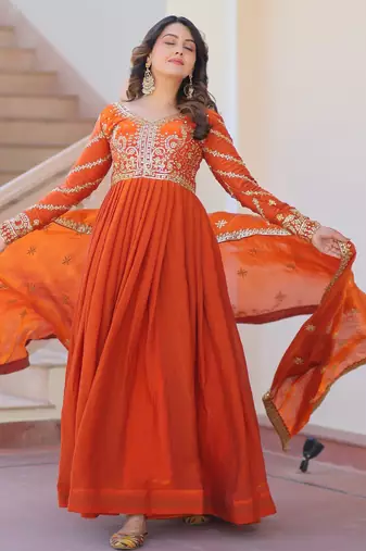 Orange color fendy chiffon fabric elegant embroidered gown with dupatta