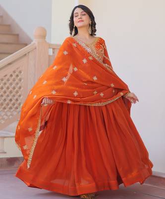 Orange color fendy chiffon elegant embroidered gown with dupatta 6